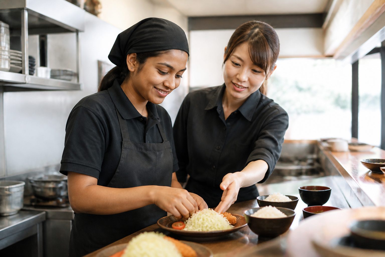 定食店の厨房で、店長と一緒に盛り付けをする外国人スタッフ