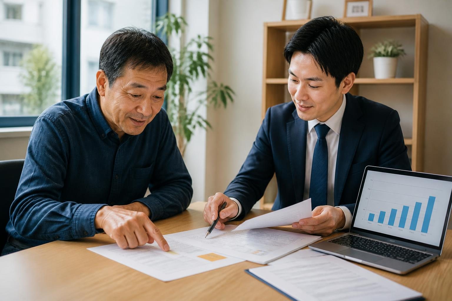 事業計画書を見ながら資金調達を相談する様子