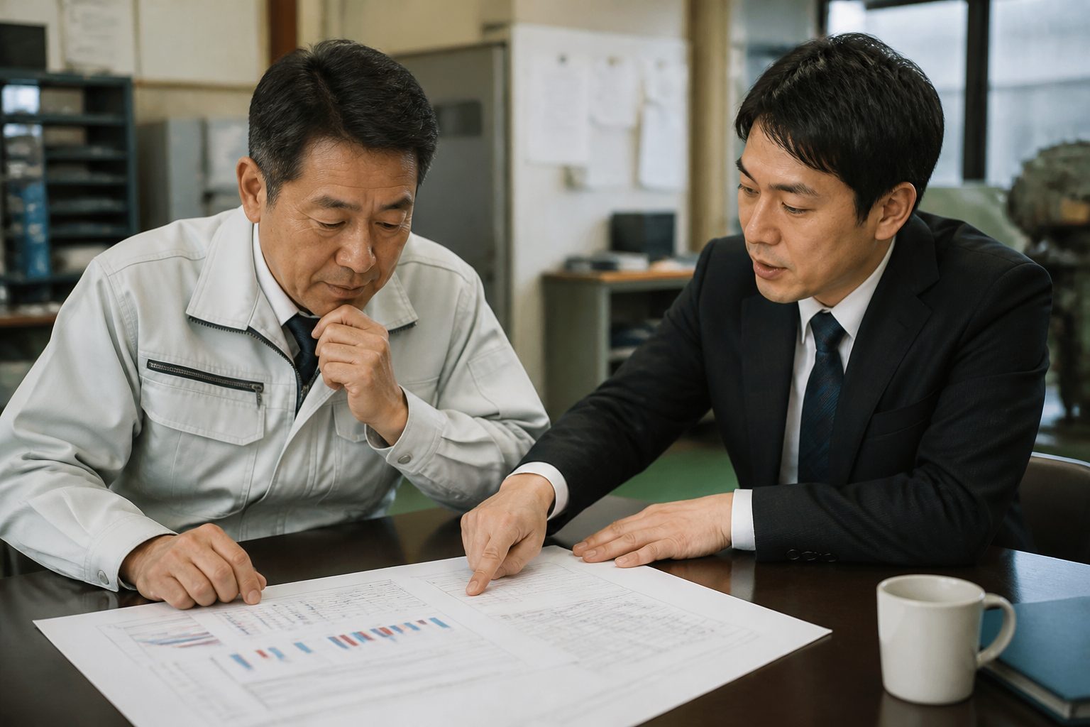 工場の事務所で、経営改善の計画書を見ながら話し合う経営者と担当者